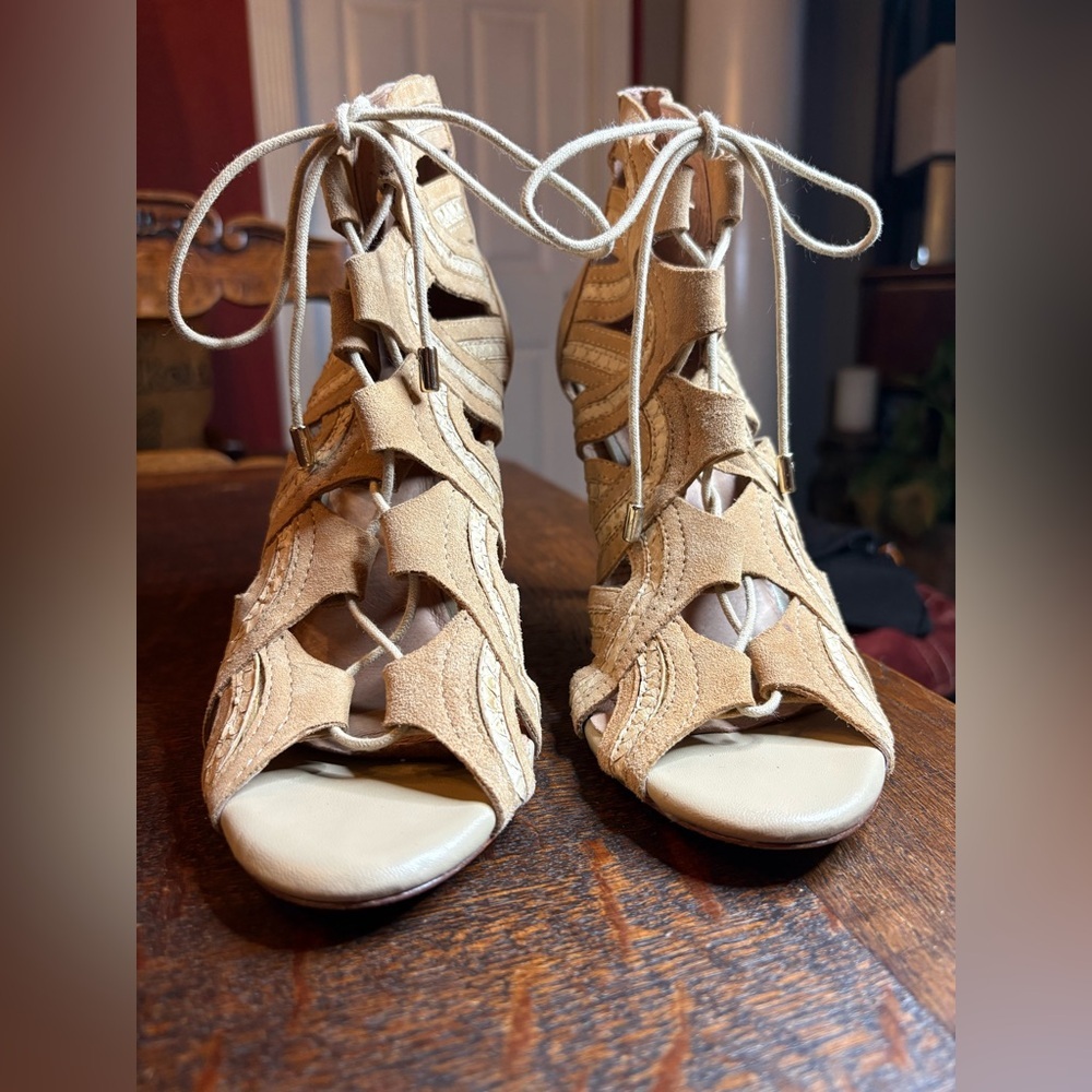 Joie Remy Caged Gladiator Lace-Up Heels - Nude/Tan Leather - Size 37.5 - Picture 4 of 11